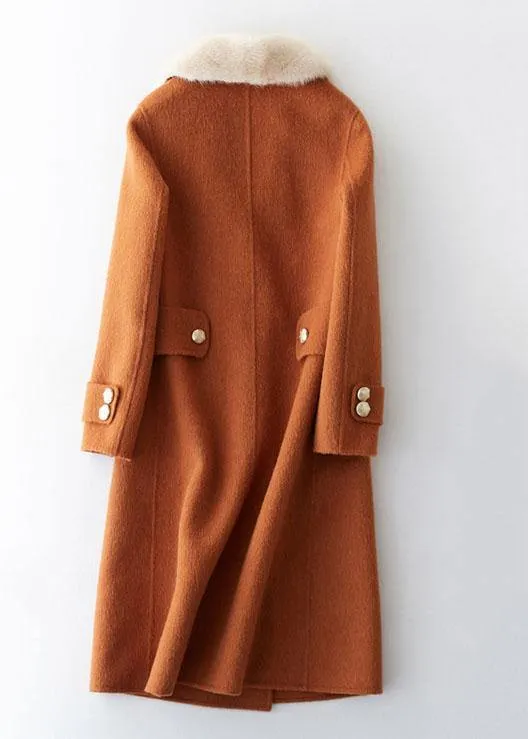 Luxury oversize trench coat fur collar brown Notched woolen overcoat