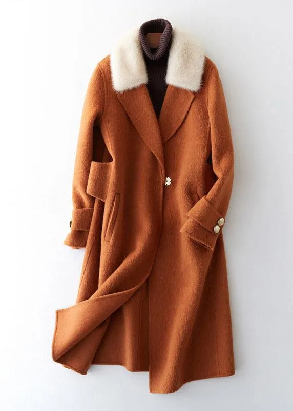 Luxury oversize trench coat fur collar brown Notched woolen overcoat