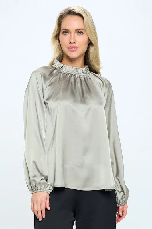 Made in USA Solid Satin Ruffle Mock Neck Top