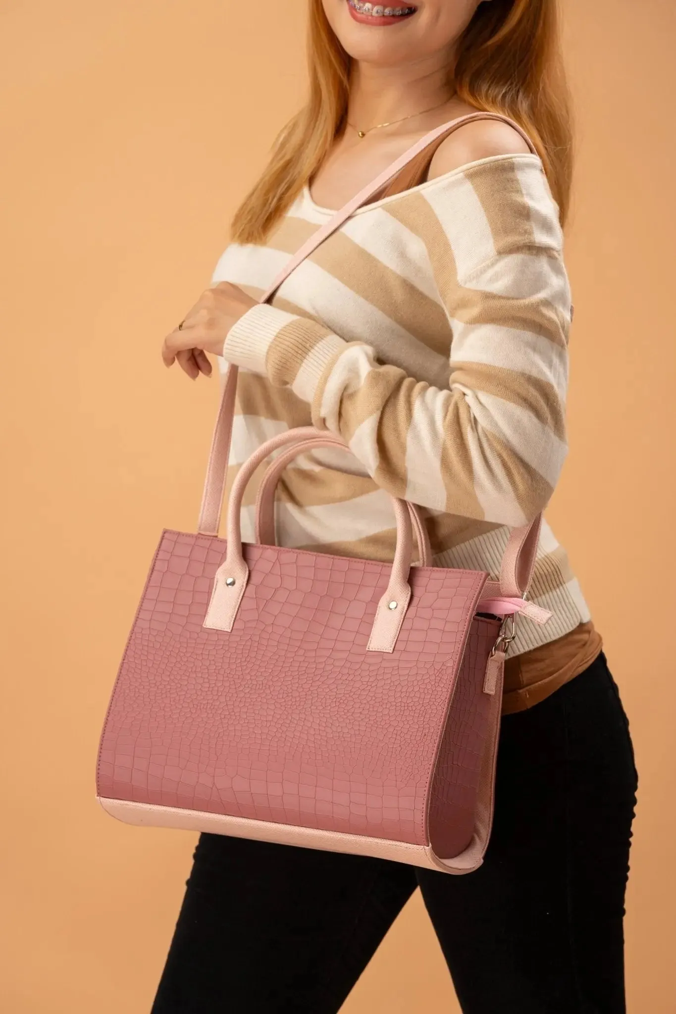 MADELINE Croc Embossed Satchel Bag in Old Rose