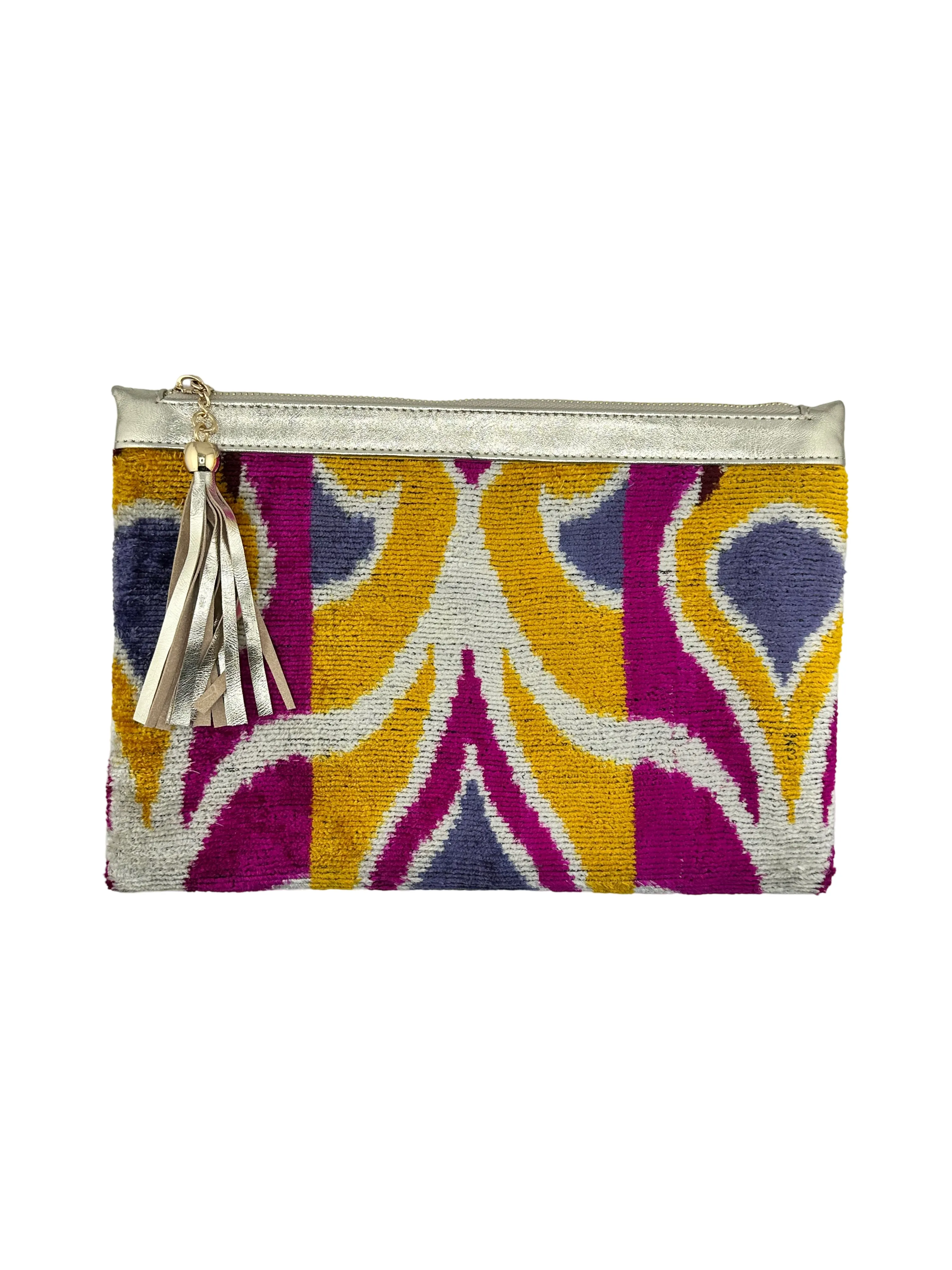 Magenta Ikat Velvet Clutch with Leather