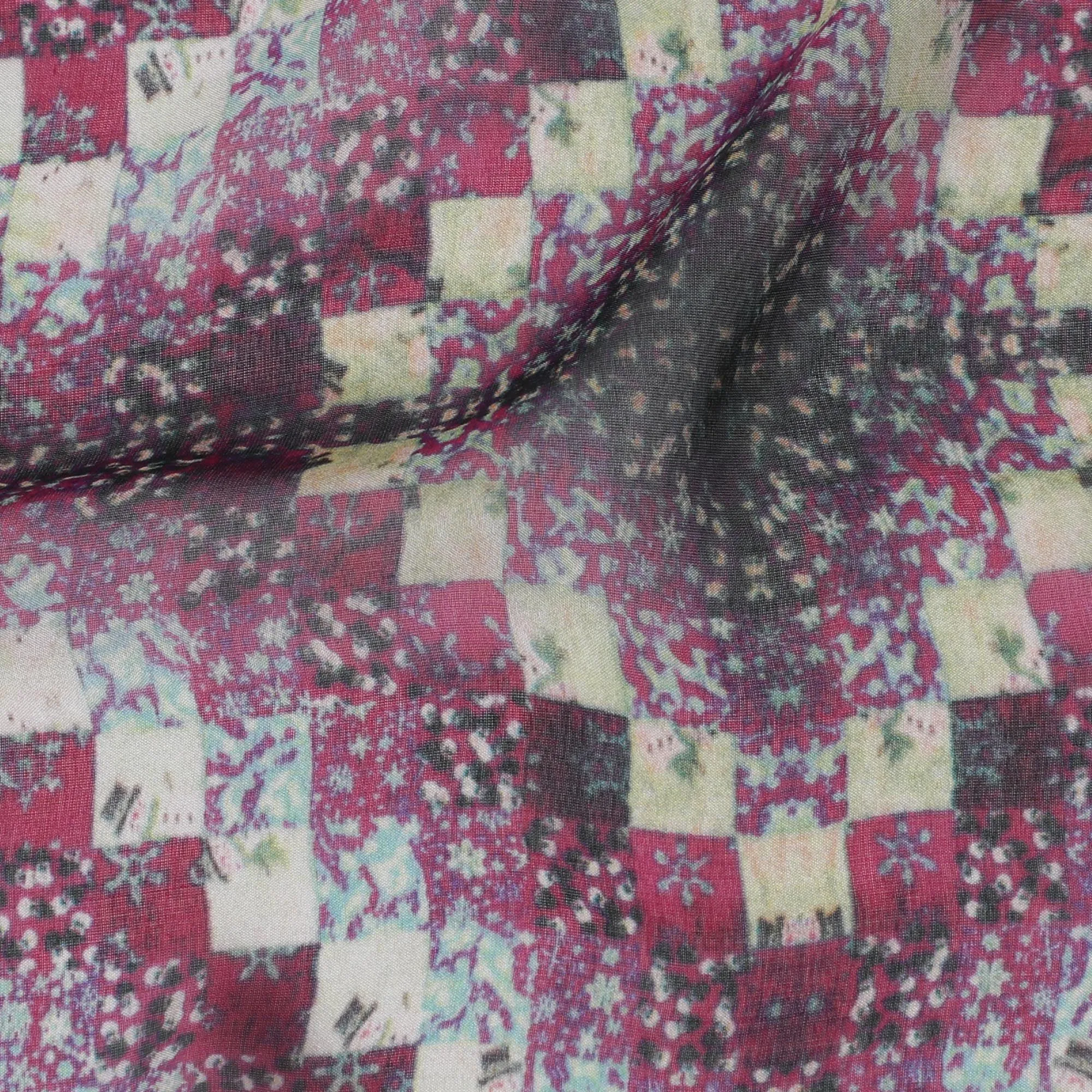 Magenta pink Premium pure silk chiffon fabric with multicolor print in floral design-D16997