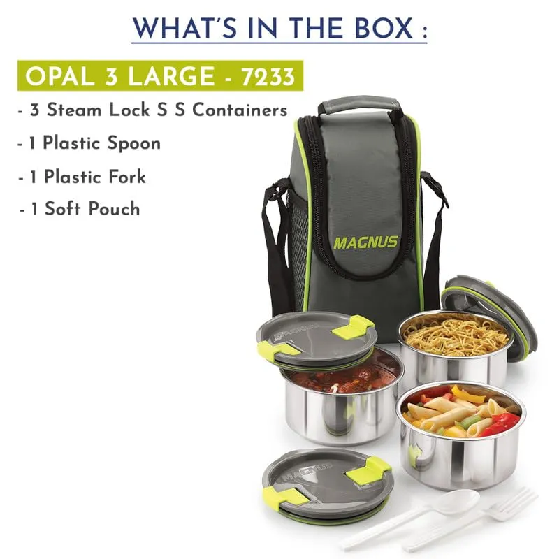 Magnus Opal 3 Stainless Steel Lunchbox Set - Leak-Proof Lunch Box for Kids, Insulated Bag with 3 Containers (350ml each), Smart Steam Lock, Ideal Lunch Boxes for Office Men, Women, School