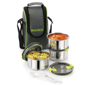 Magnus Opal 3 Stainless Steel Lunchbox Set - Leak-Proof Lunch Box for Kids, Insulated Bag with 3 Containers (350ml each), Smart Steam Lock, Ideal Lunch Boxes for Office Men, Women, School