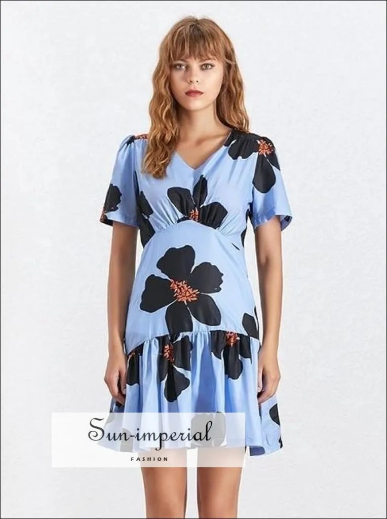 Maine Dress - Casual Flower Print Mini Dress for Women V Neck Short Sleeve High Waist Slim Mini