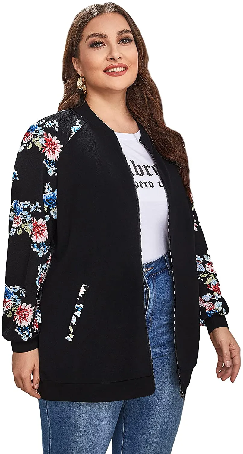 MakeMeChic Women's Plus Lightweight Floral Print Long Sleeve Zip Up Bomber Jacket Outwear