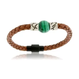 Malachite & Mountain Bead on Woven Leather Sterling Silver Bracelet