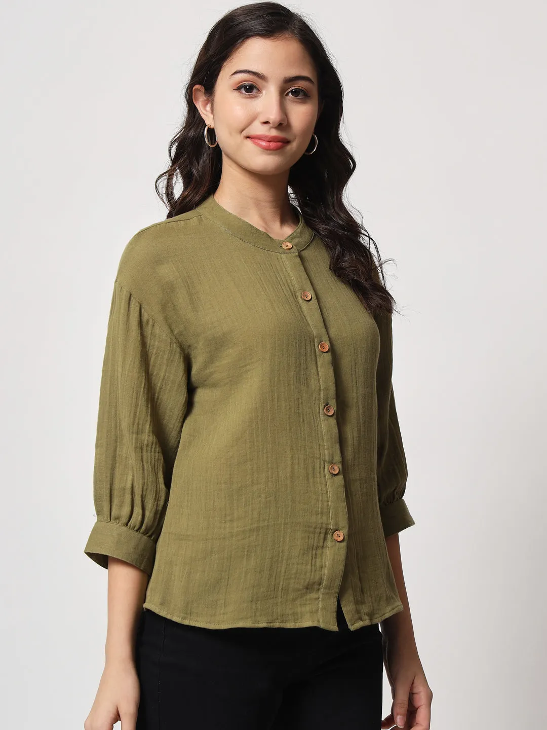 Mandarin Collar Cuffed Sleeves Cotton Shirt Style Top