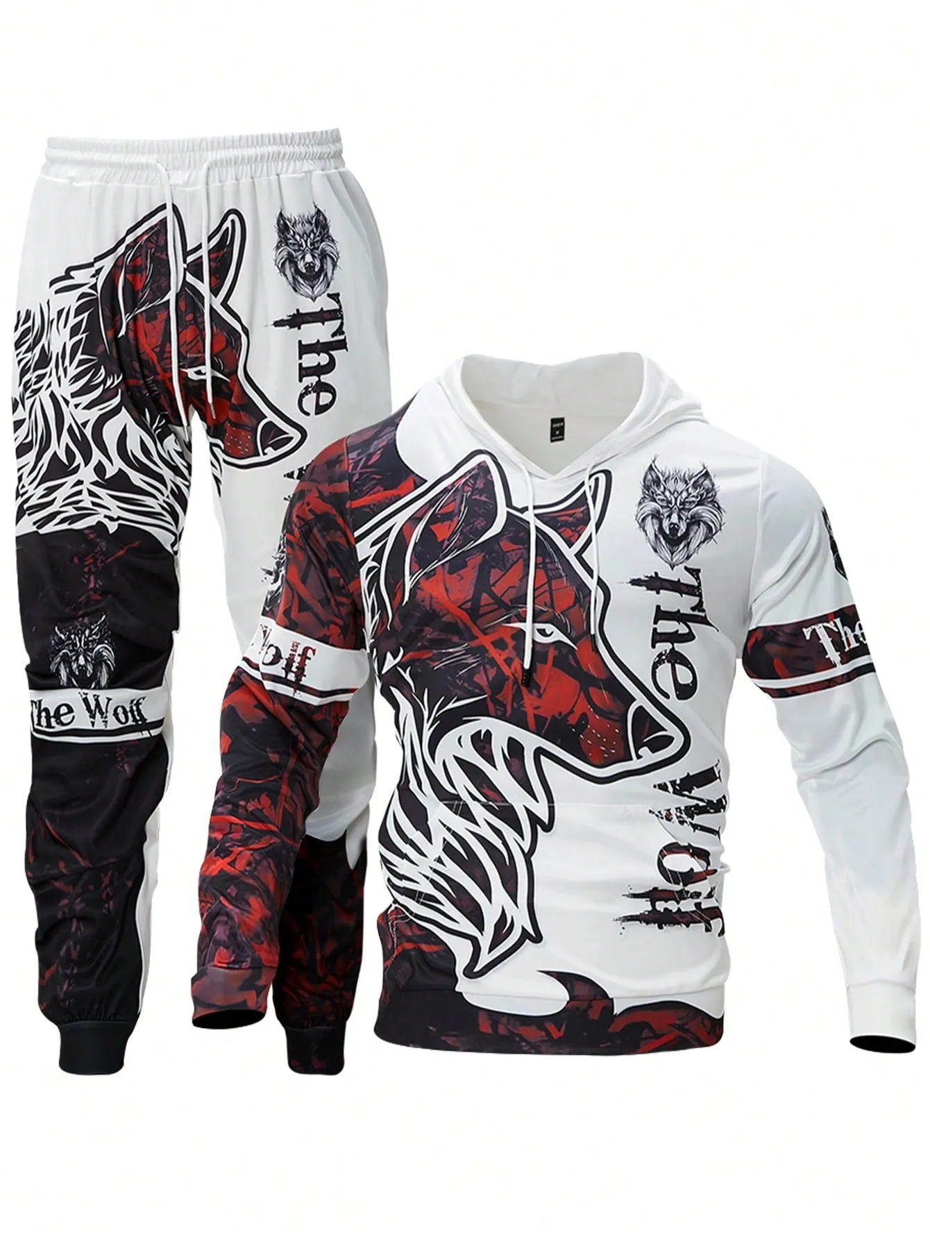 Manfinity LEGND Men's Wolf & Letter Print Drawstring Hoodie Sweatshirt And Sweatpants Set , Old Money Men , Going Out , Graphic , Husband , Colorful