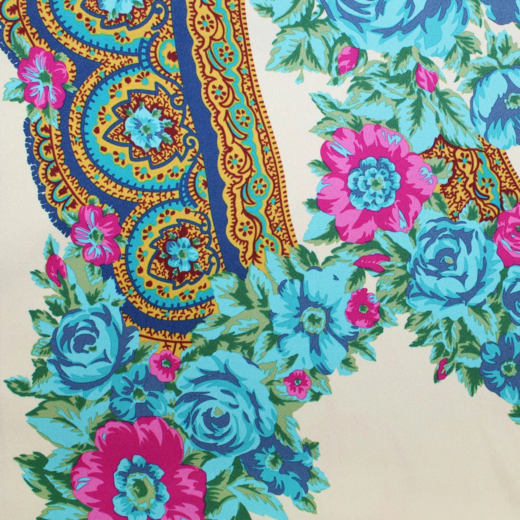 Mantero Scarf Aqua Pink Floral Ornamental - 36 Inch Twill Silk Foulard