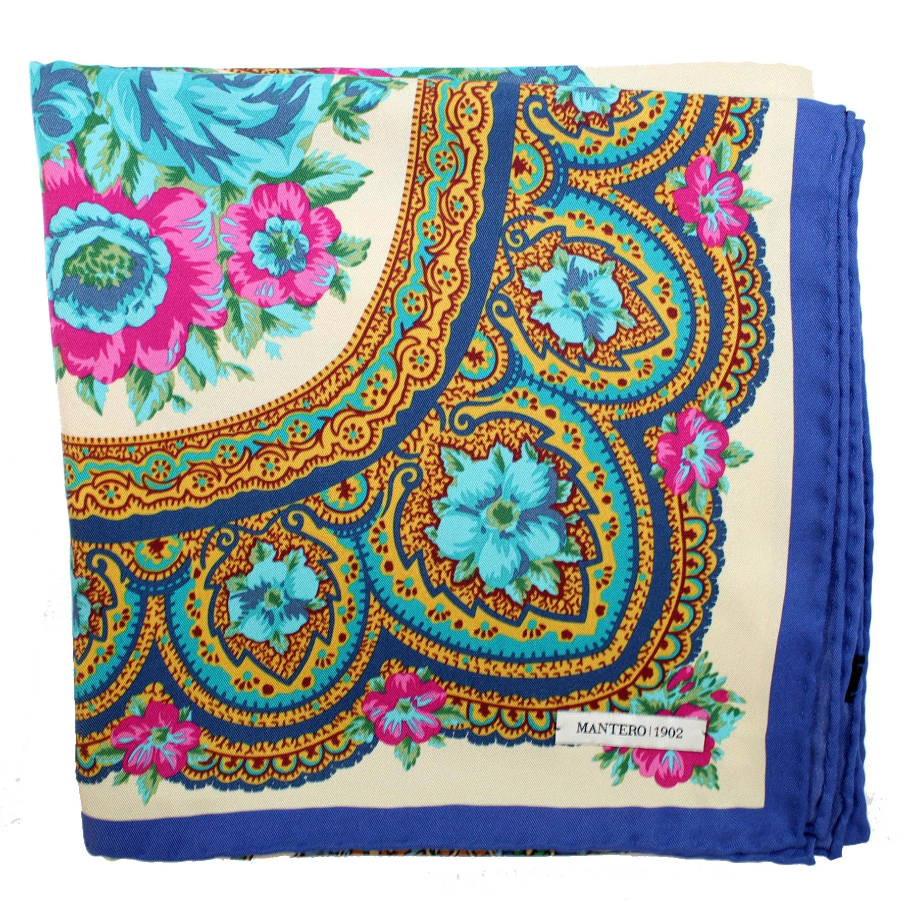 Mantero Scarf Aqua Pink Floral Ornamental - 36 Inch Twill Silk Foulard