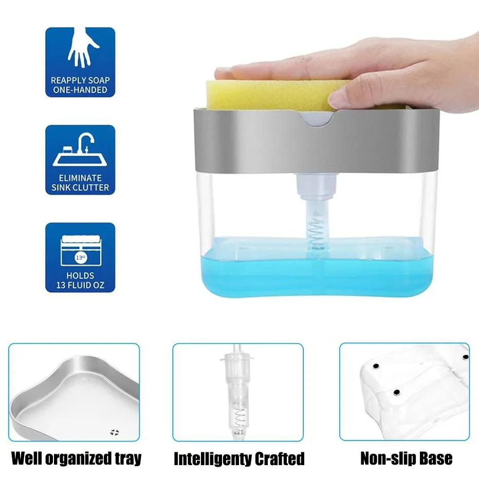 Manual Press Soap Pump Dispenser with Sponge Holder Kitchen Cleaner Tool