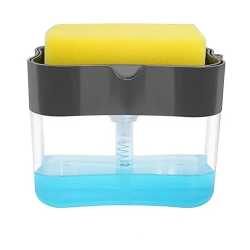 Manual Press Soap Pump Dispenser with Sponge Holder Kitchen Cleaner Tool