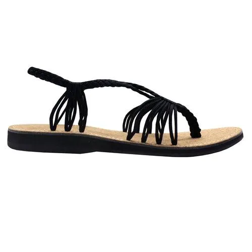 Markerandhands Handwoven Rope Flat Sandals For Women Airy Black Cork