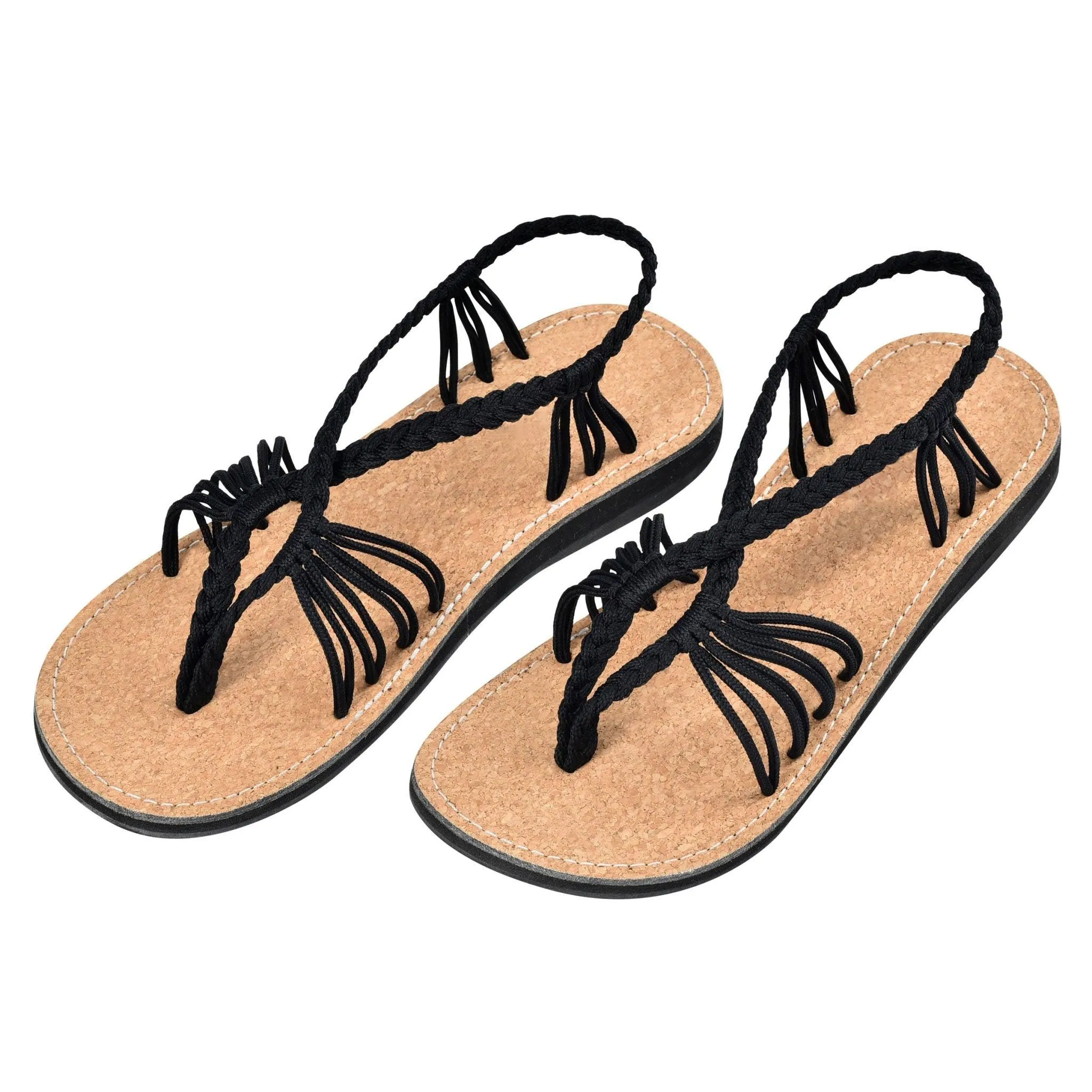 Markerandhands Handwoven Rope Flat Sandals For Women Airy Black Cork