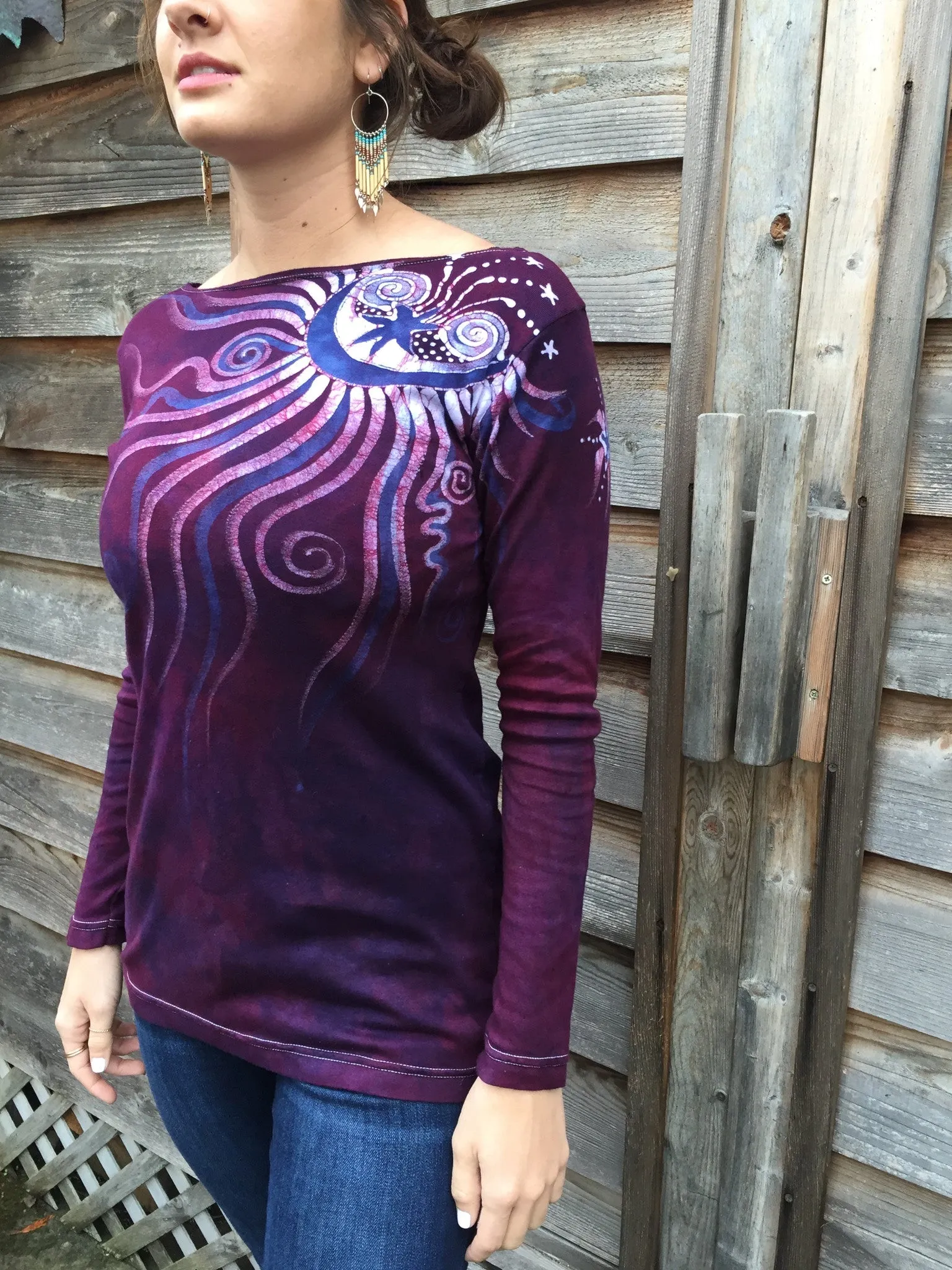 Maroon Shoulder Moon Long Sleeve Batik Top