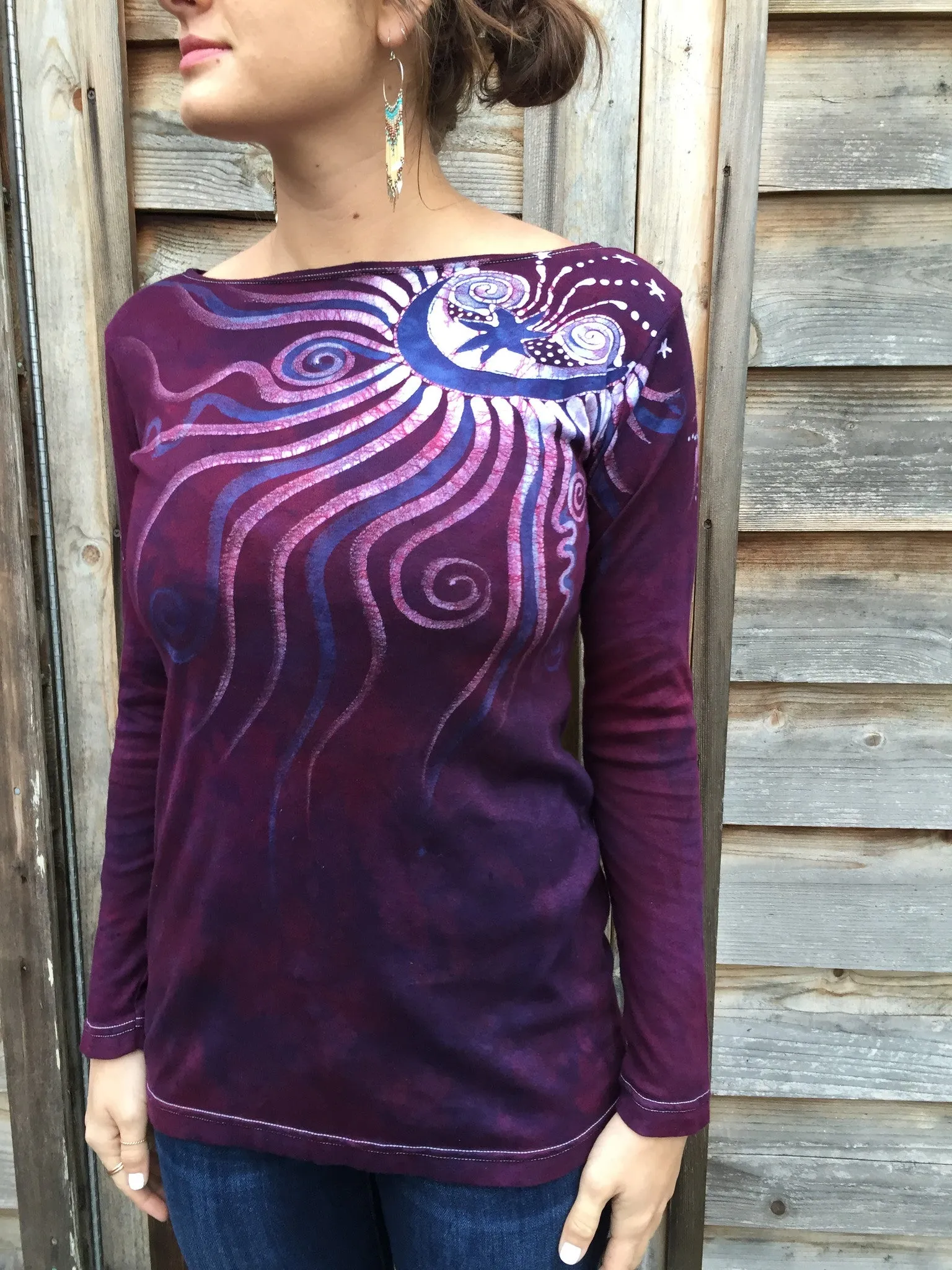 Maroon Shoulder Moon Long Sleeve Batik Top