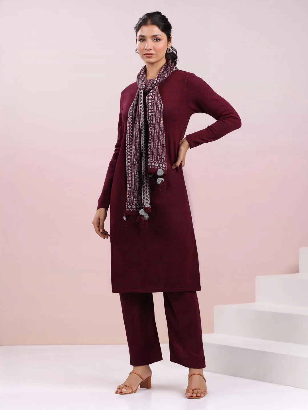 Maroon Woolen Self Design Straight Winter Kurta with Pant & Stole Set