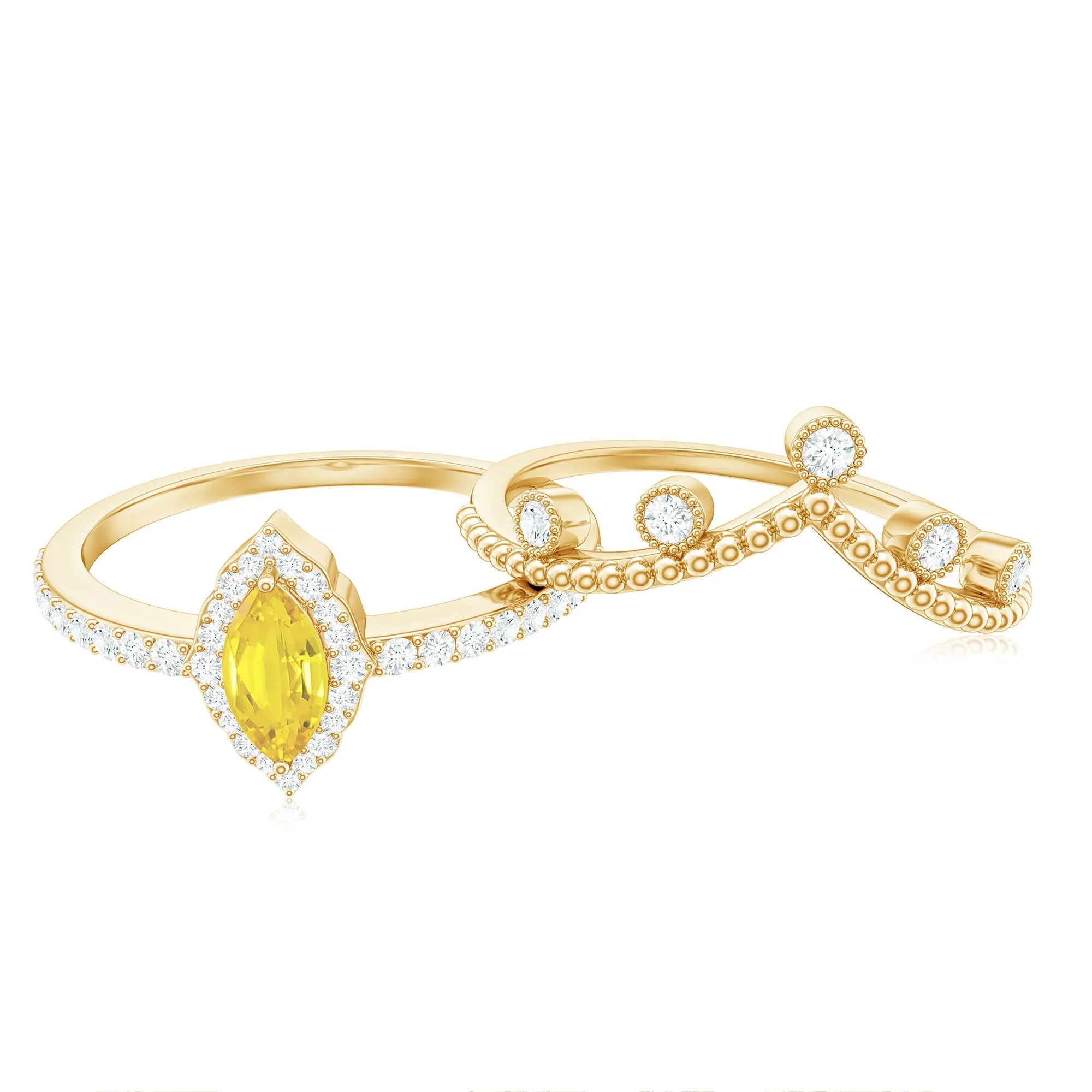 Marquise Cut Created Yellow Sapphire Designer Ring Set with Diamond