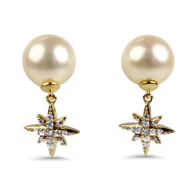 Mastoloni 18k Yellow Gold Pearl and Diamond Star Drop Earrings