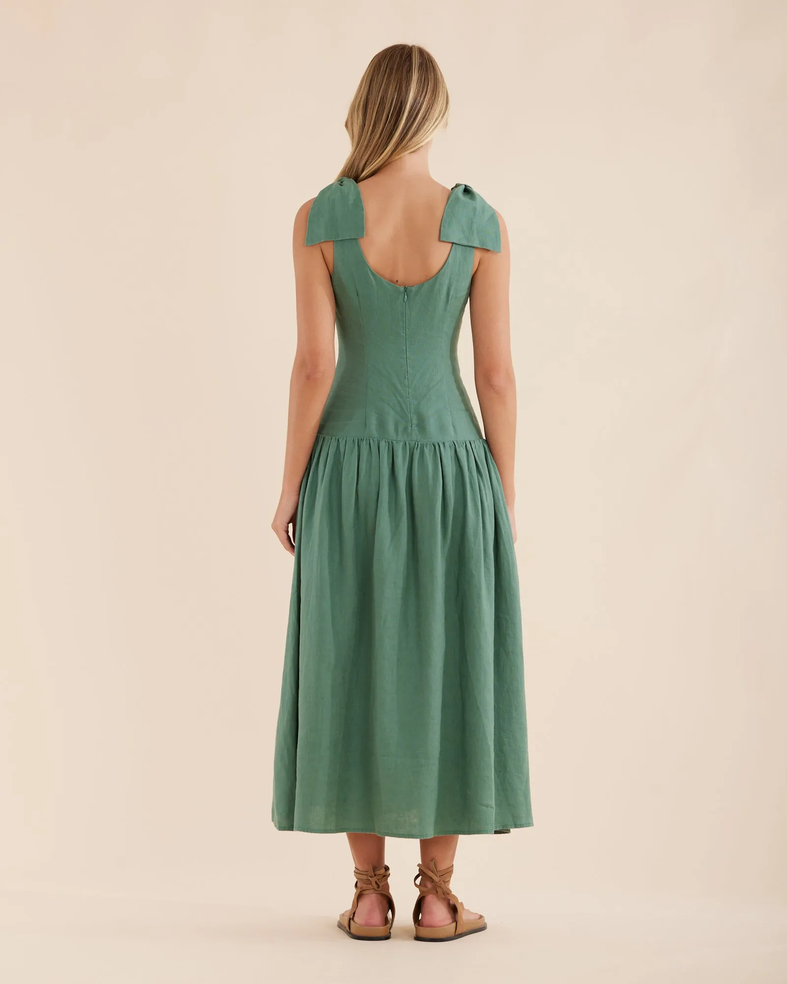 Mavie Bow Linen Maxi Dress - Evergreen