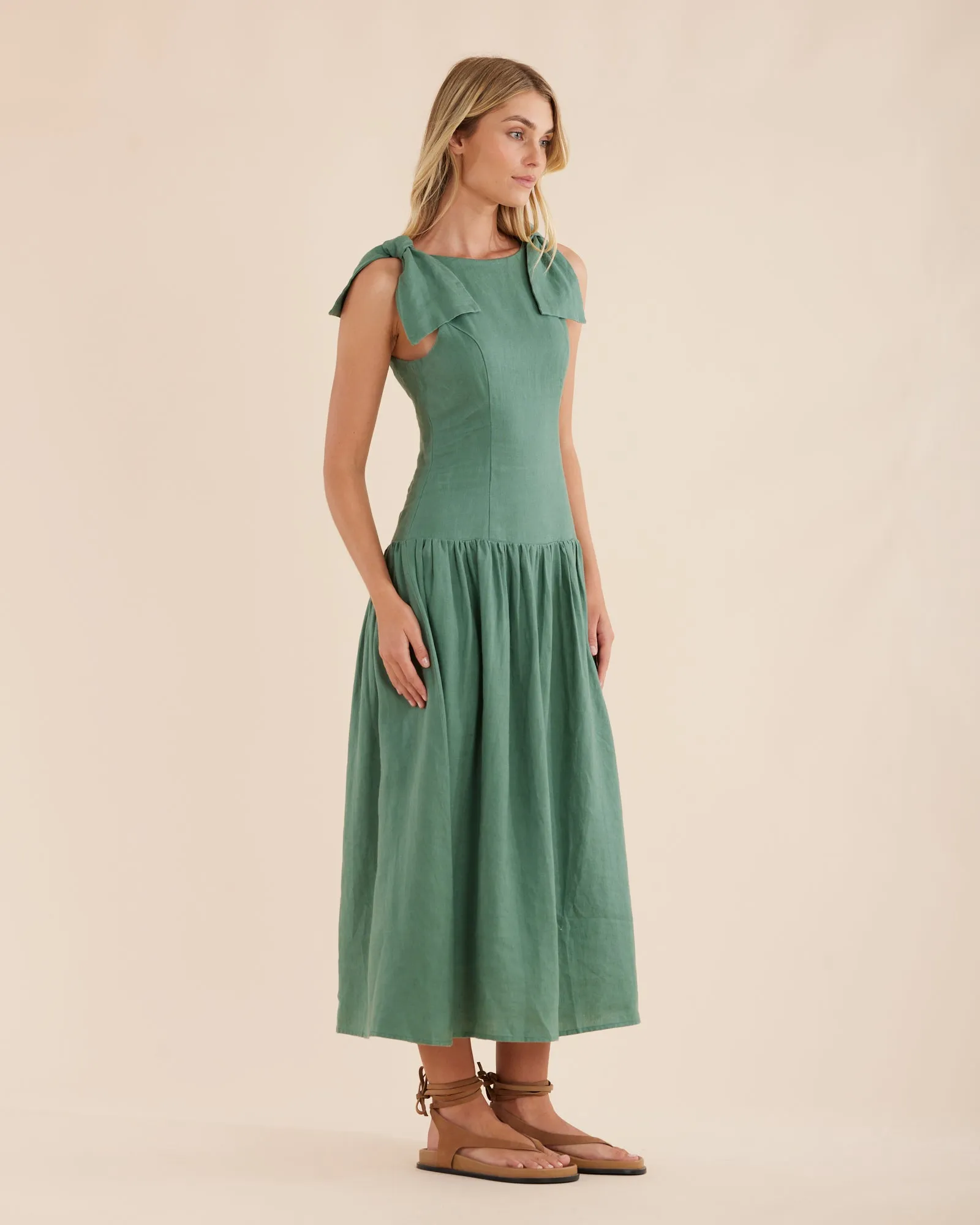 Mavie Bow Linen Maxi Dress - Evergreen