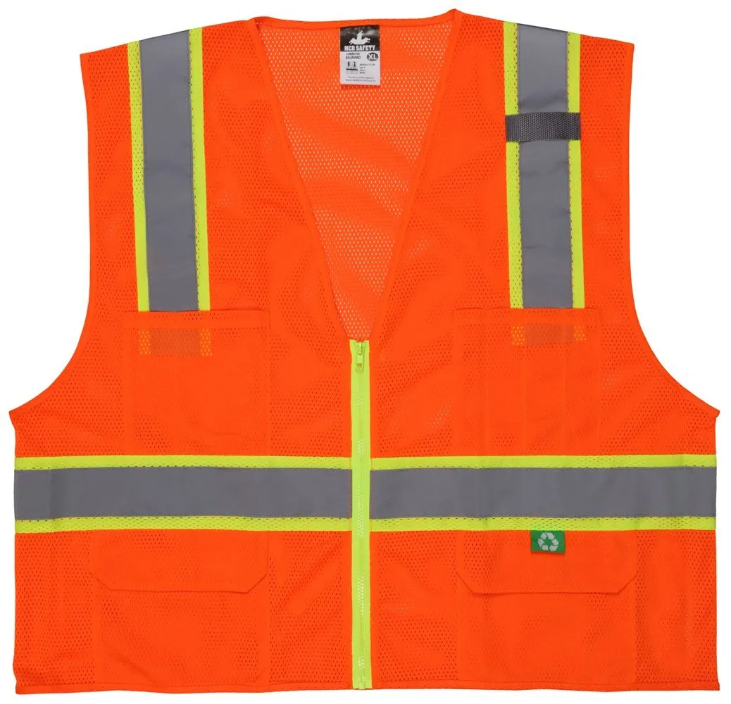 MCR Class 2 Vest,Recy. Mesh, 3" Orange/Silver