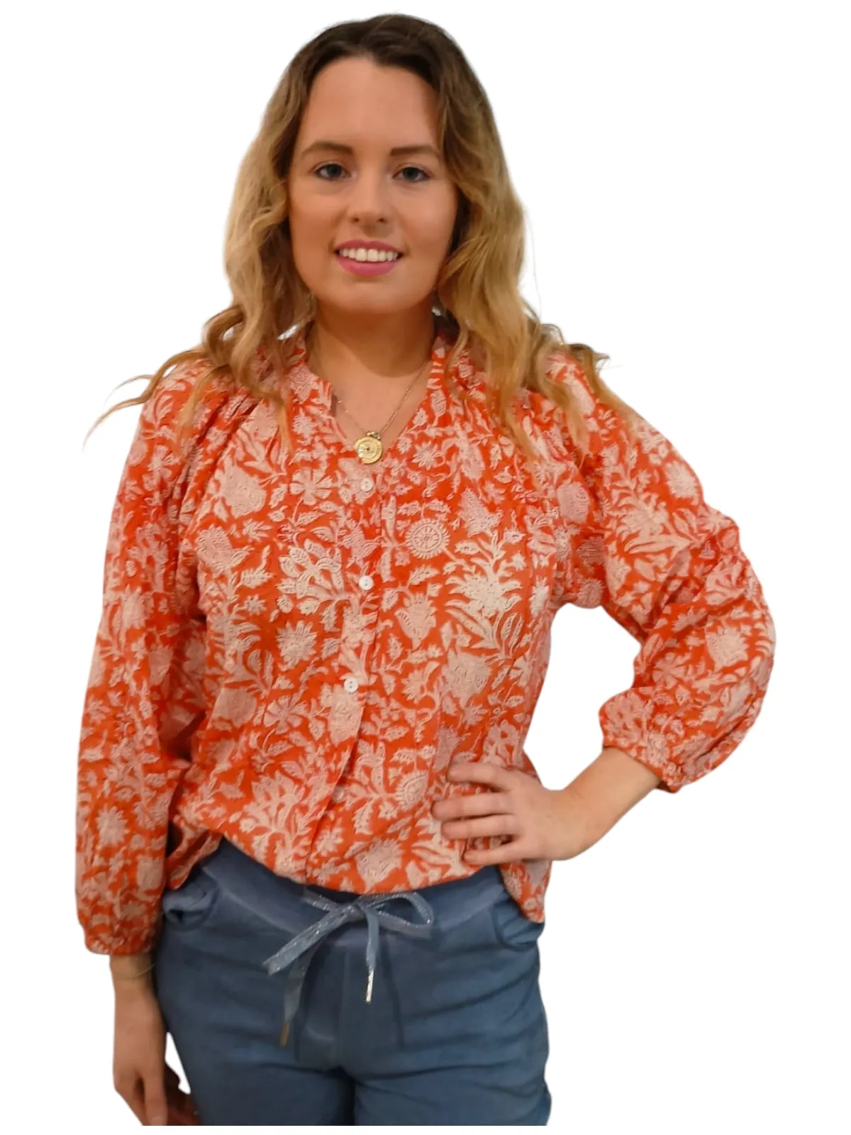 Melange - Floral Cotton Top - Apricot