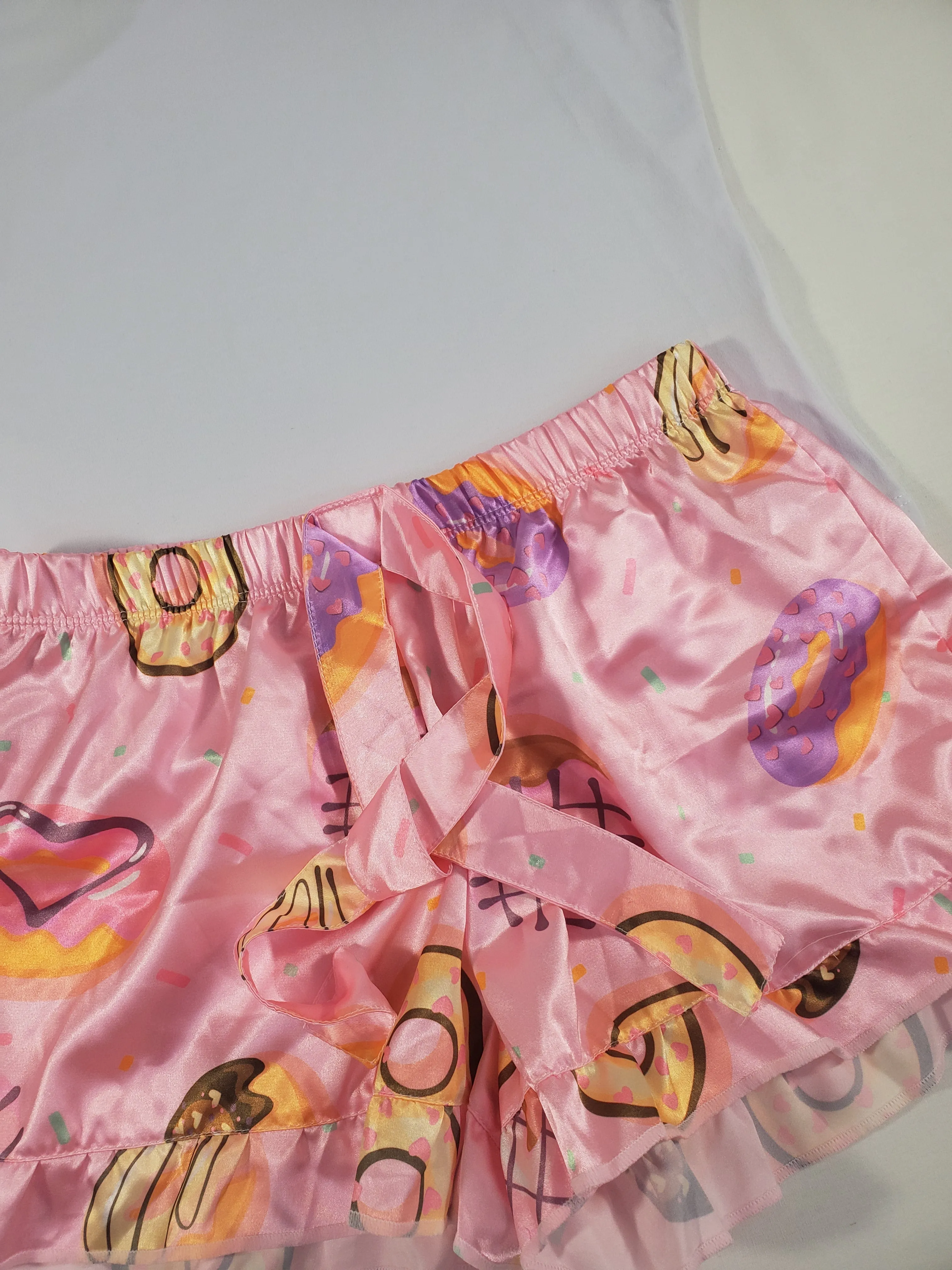 Mellow Women's pajama set pink satin shorts donuts and hearts theme white blouse