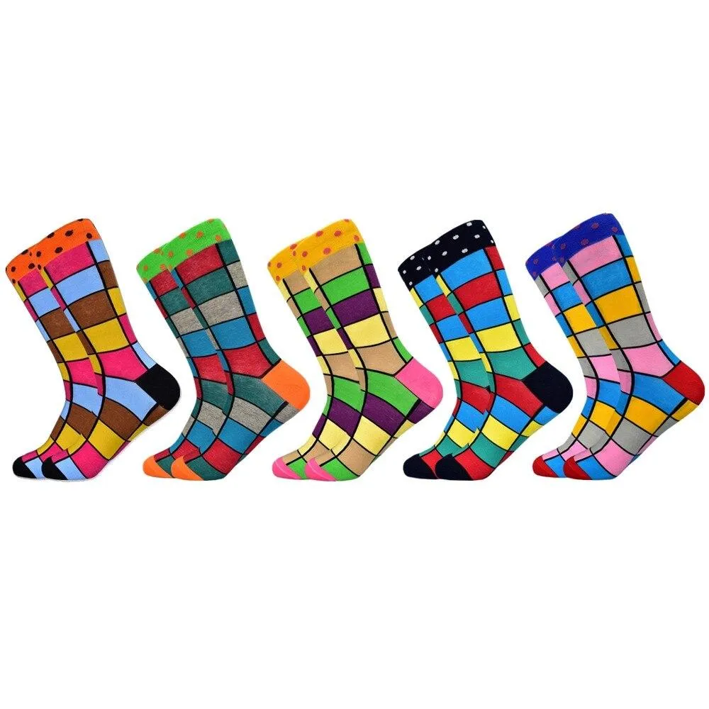 Men Colourful Cotton Geometric Lattice Classic Happy Business Casual  Socks