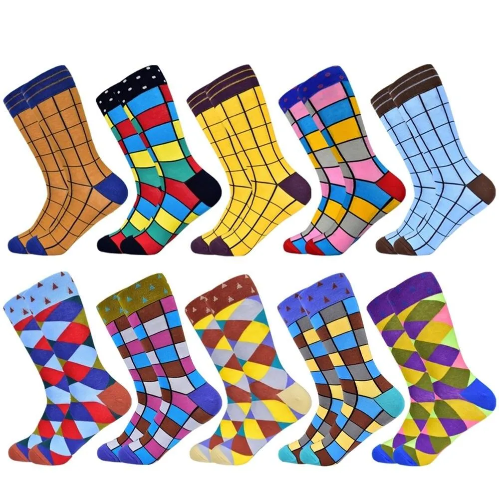 Men Colourful Cotton Geometric Lattice Classic Happy Business Casual  Socks