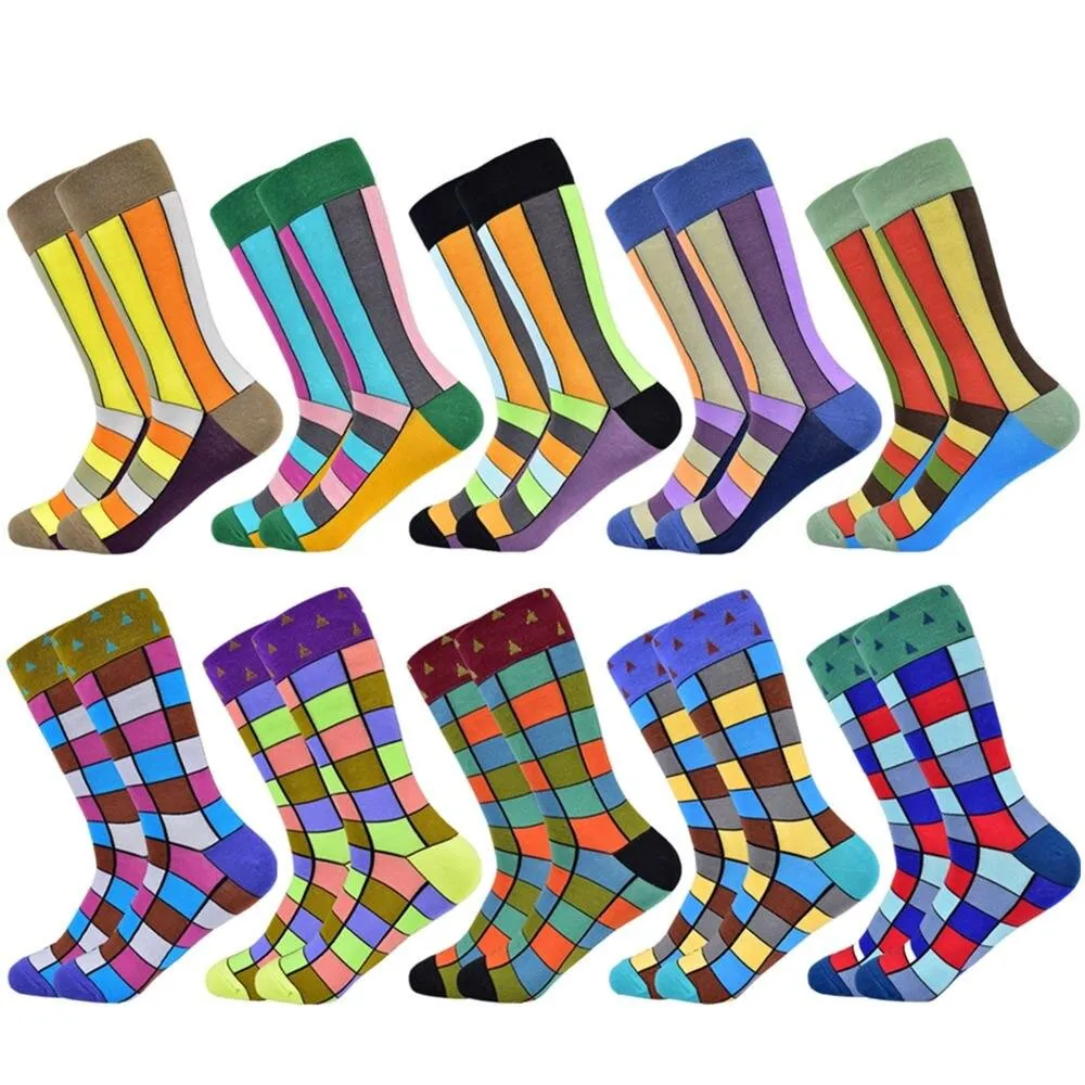 Men Colourful Cotton Geometric Lattice Classic Happy Business Casual  Socks