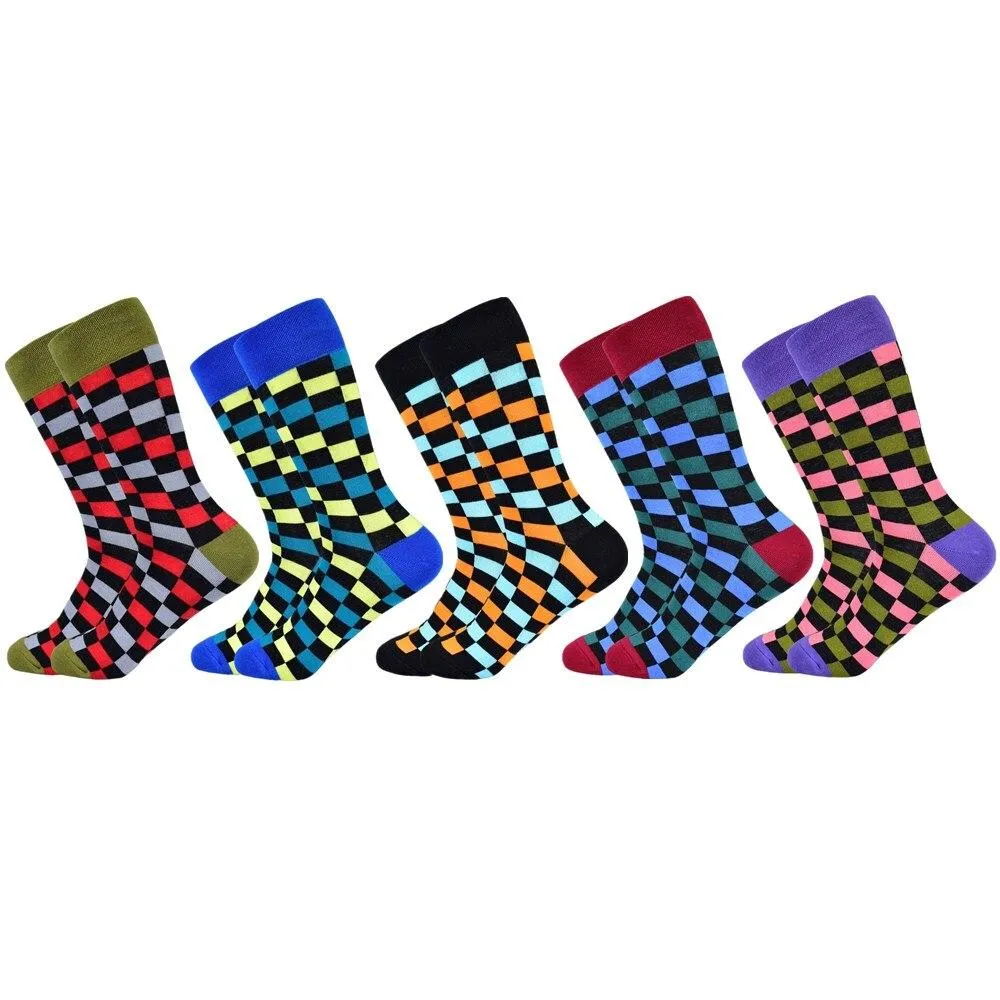 Men Colourful Cotton Geometric Lattice Classic Happy Business Casual  Socks