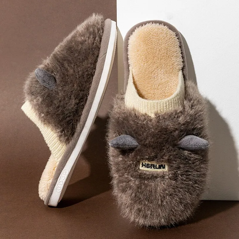 Men Flurry Slippers Couple Home Cotton Shoes Cute Cartoon Warm Slipper Man Comfortable Fur Flat Indoor Slippers тапочки для дома