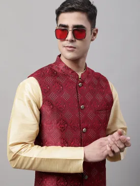 Men Maroon Woven Design Waistcoats