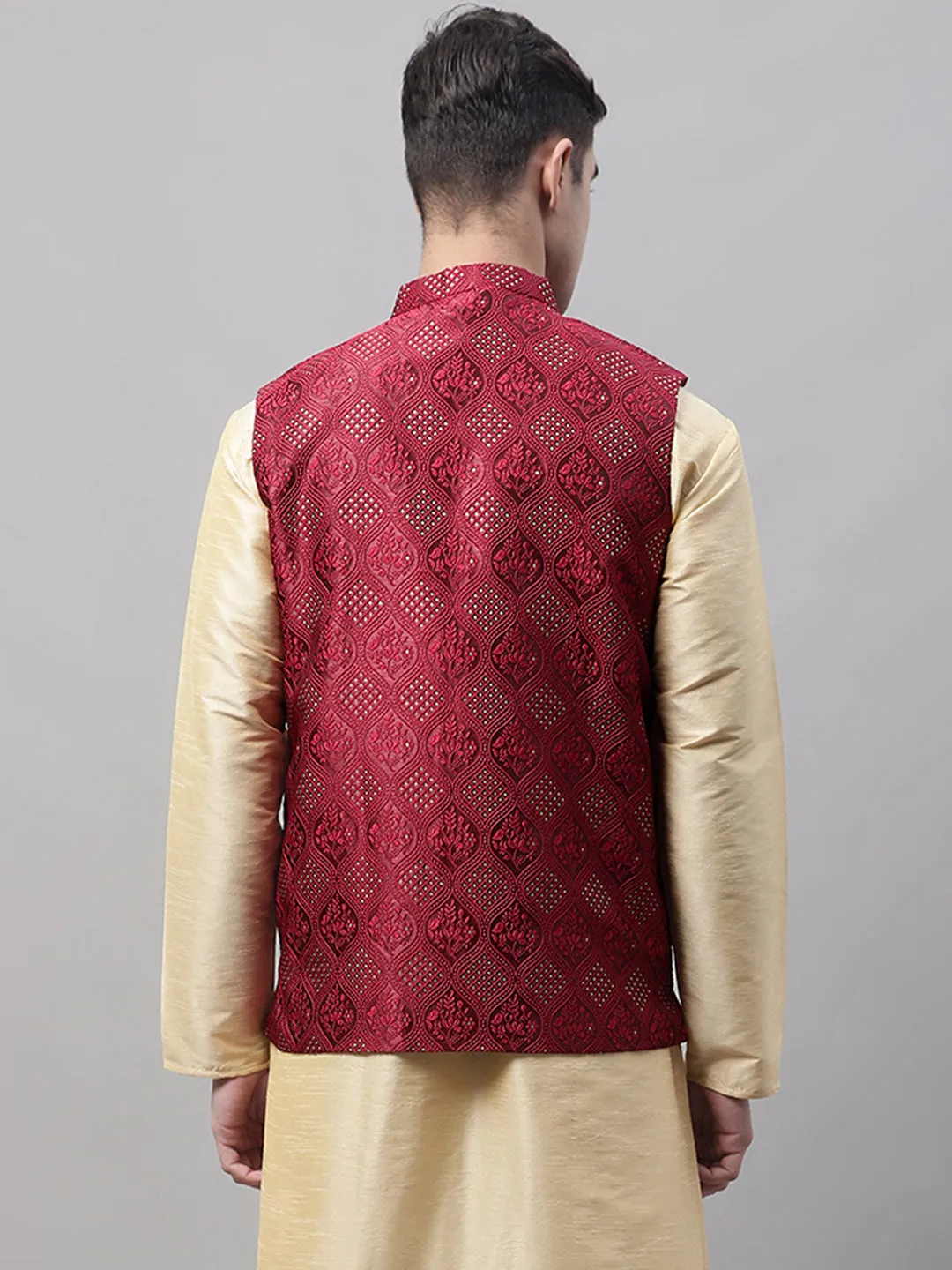 Men Maroon Woven Design Waistcoats