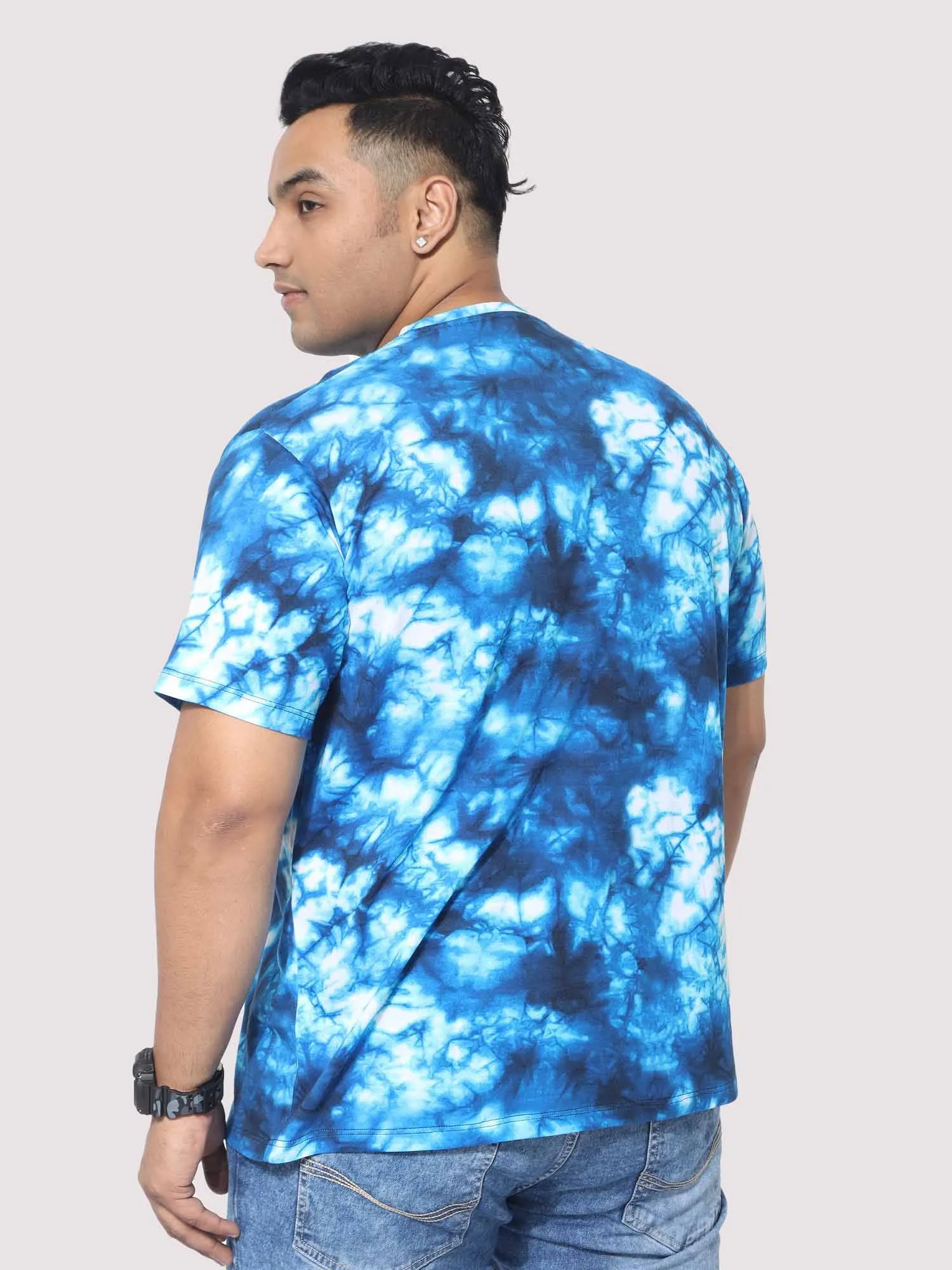 Men Plus Size Blue Tie Dye Texture Digital Printed Round Neck T-Shirt