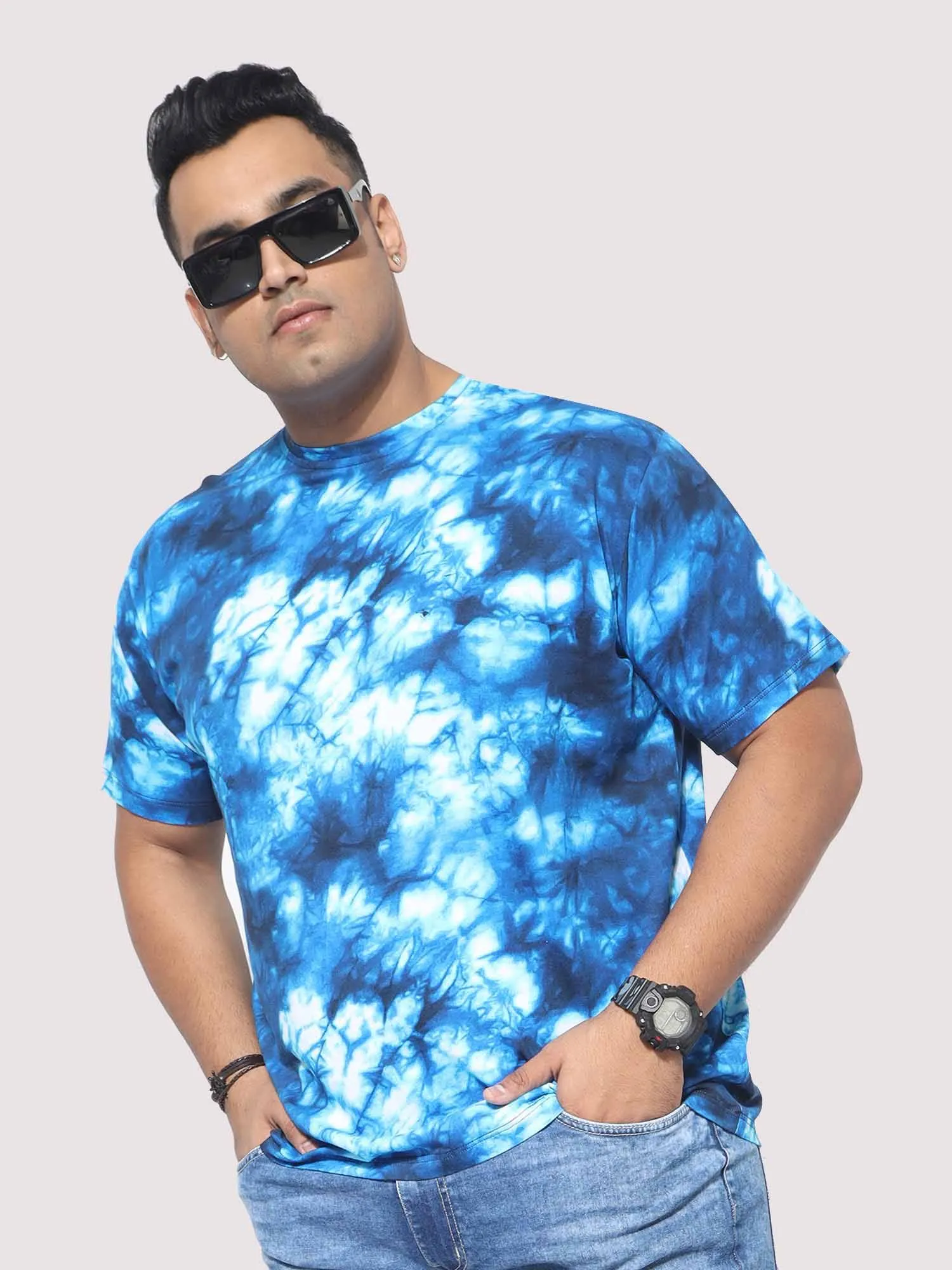 Men Plus Size Blue Tie Dye Texture Digital Printed Round Neck T-Shirt