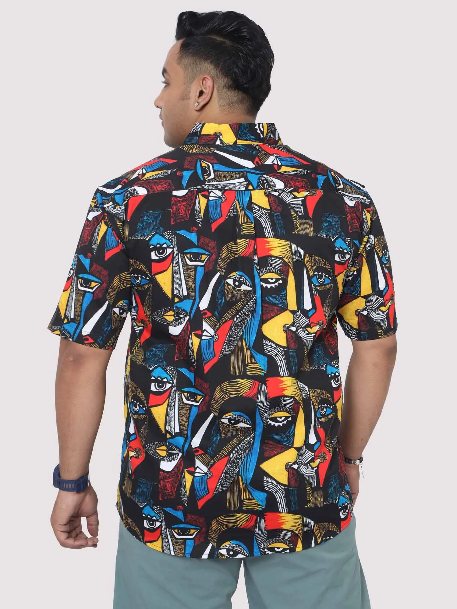 Men Plus Size Mystical Faces Digital Printed Half Shirt