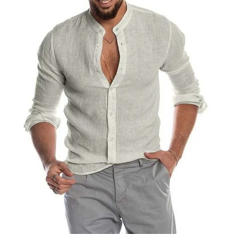 Men Solid Color Linen Long Sleeve Shirt Cardigan Shirts