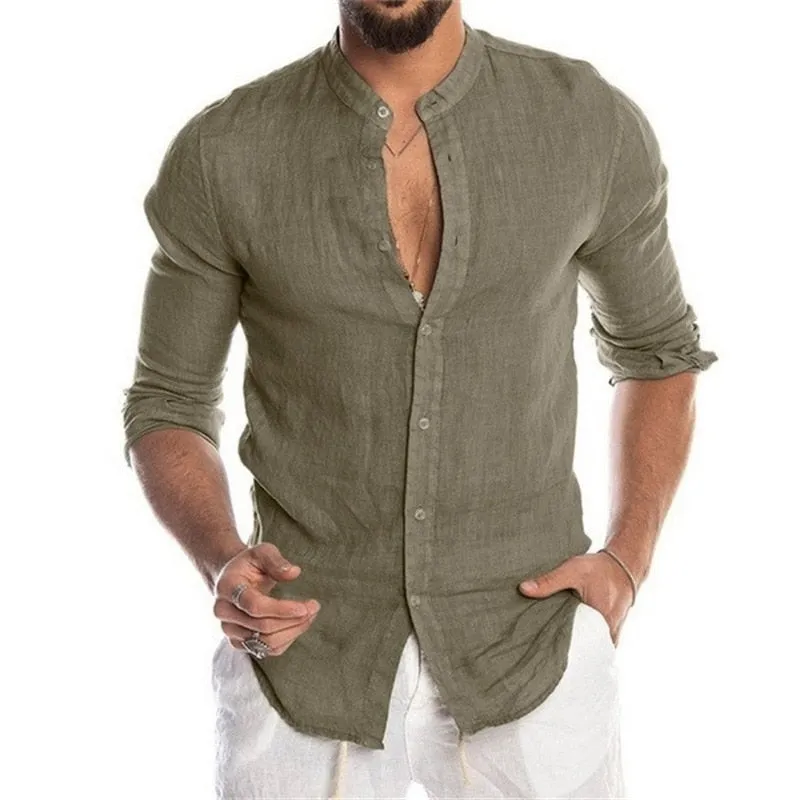 Men Solid Color Linen Long Sleeve Shirt Cardigan Shirts