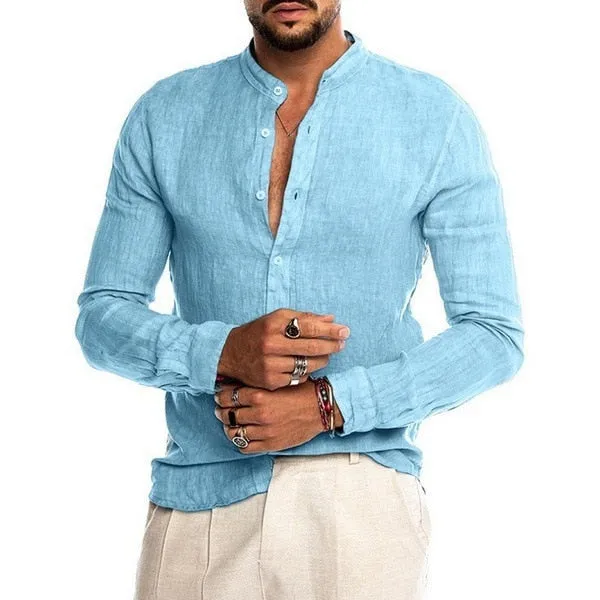 Men Solid Color Linen Long Sleeve Shirt Cardigan Shirts