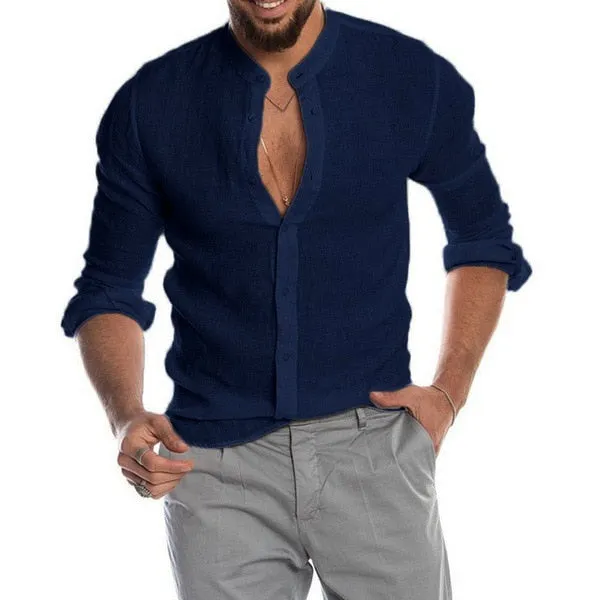 Men Solid Color Linen Long Sleeve Shirt Cardigan Shirts