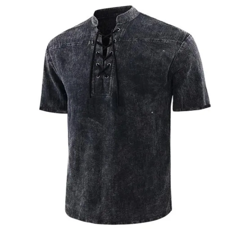 Men T Shirts Stand Collar Front Lace Up Short Sleeve V Neck Slim T Shirt Retro Casual Tops Tees