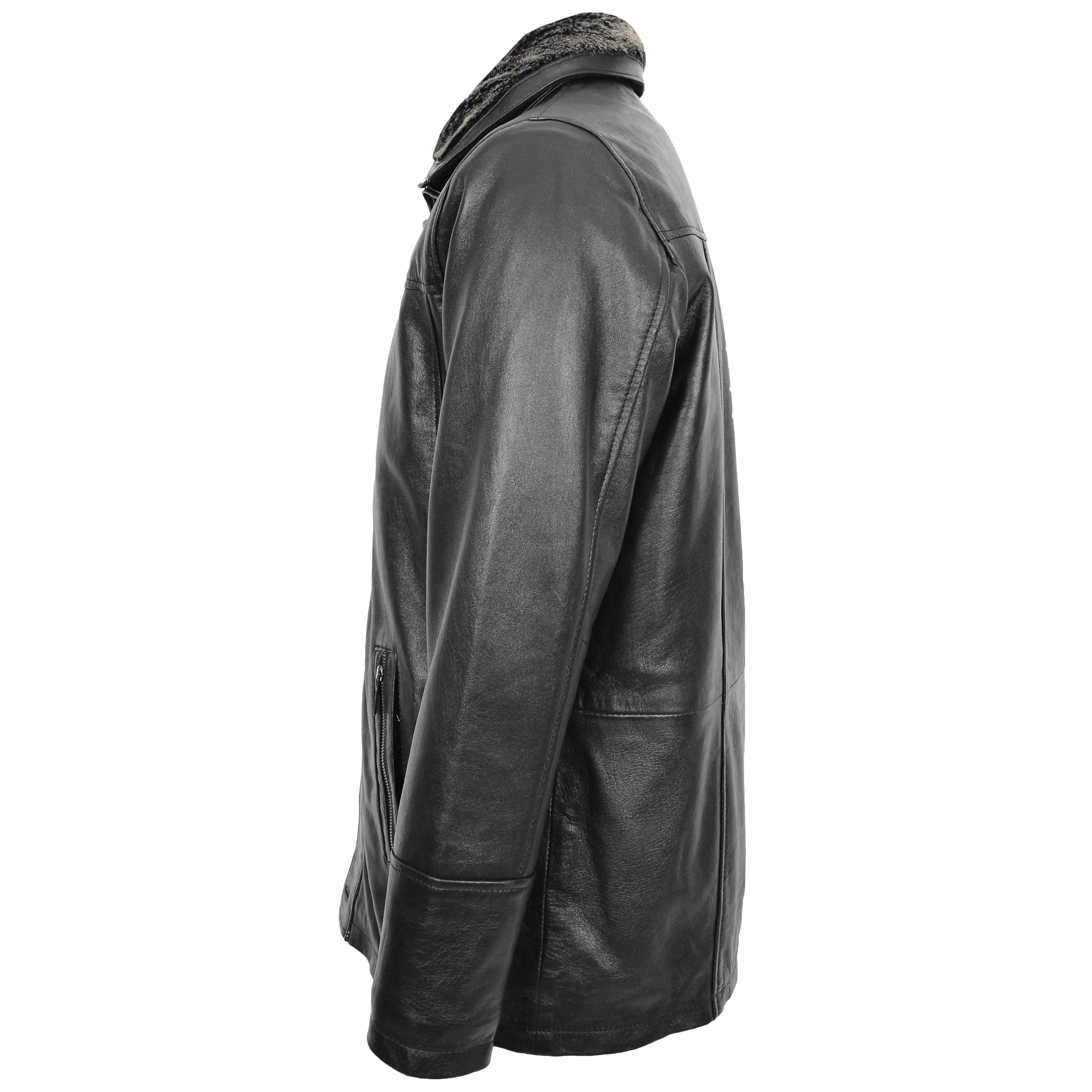 Mens 3/4 Long Leather Box Jacket Soft Parka Car Coat HARVEY Black