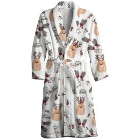 Mens Belt Christams Deer Print Fleece Lounge Robe