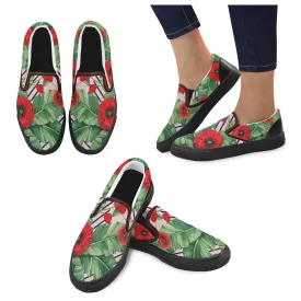 Men's Big Size Pop Red Floral Print Canvas Slip-on Shoes