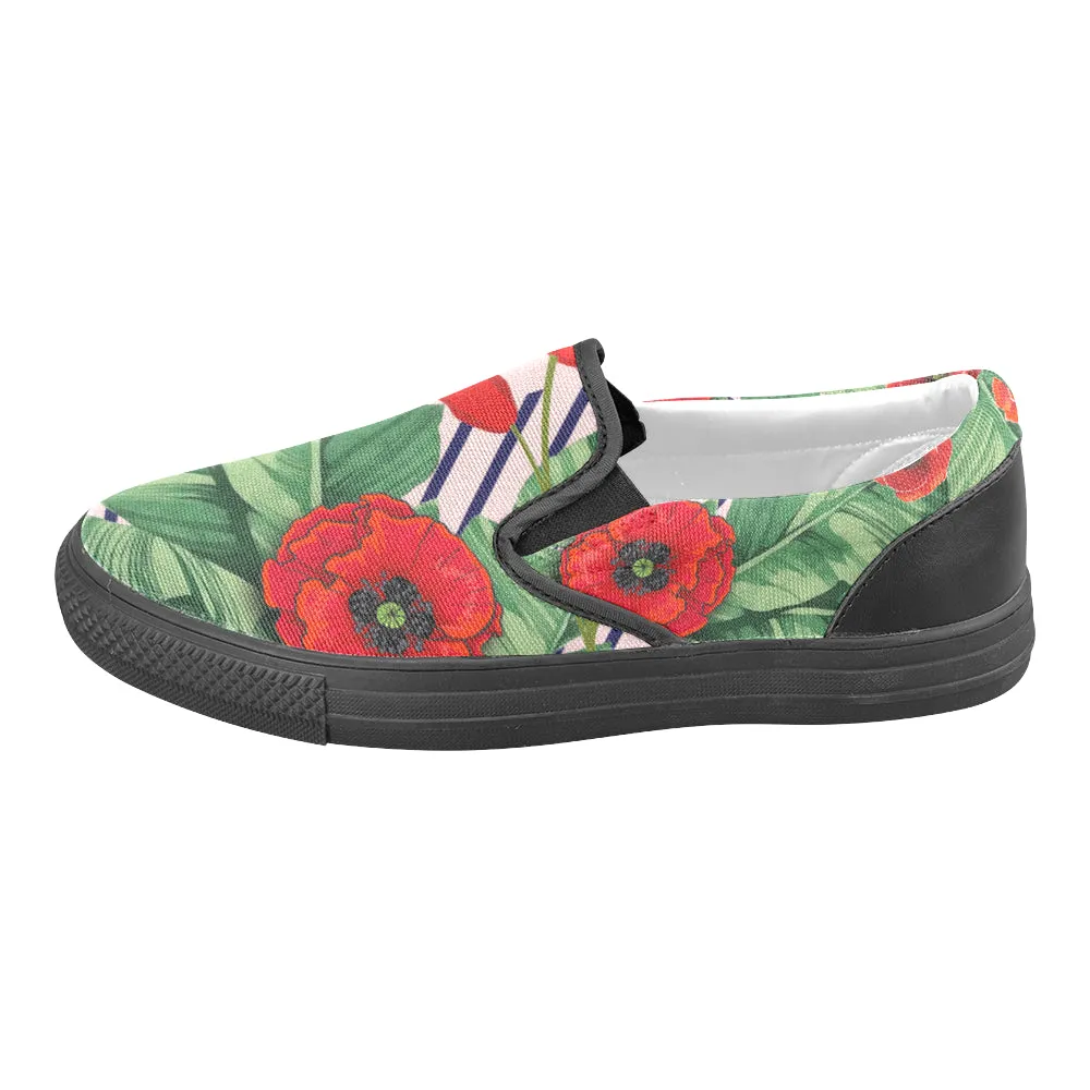 Men's Big Size Pop Red Floral Print Canvas Slip-on Shoes