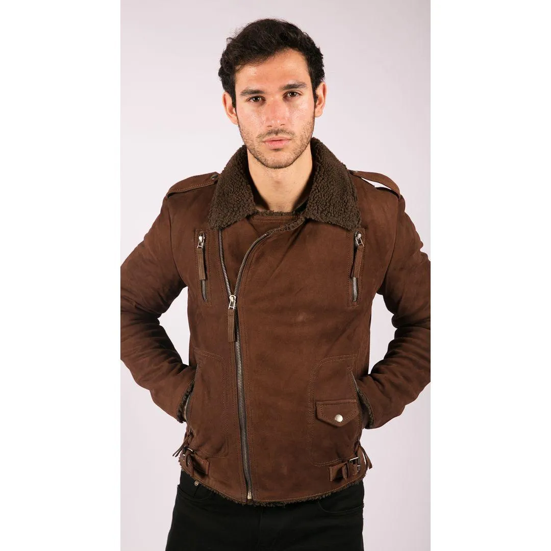 Mens Black Brown Cross Zip Real Leather Biker Jacket Fleece Lined Fitted Smart Casual