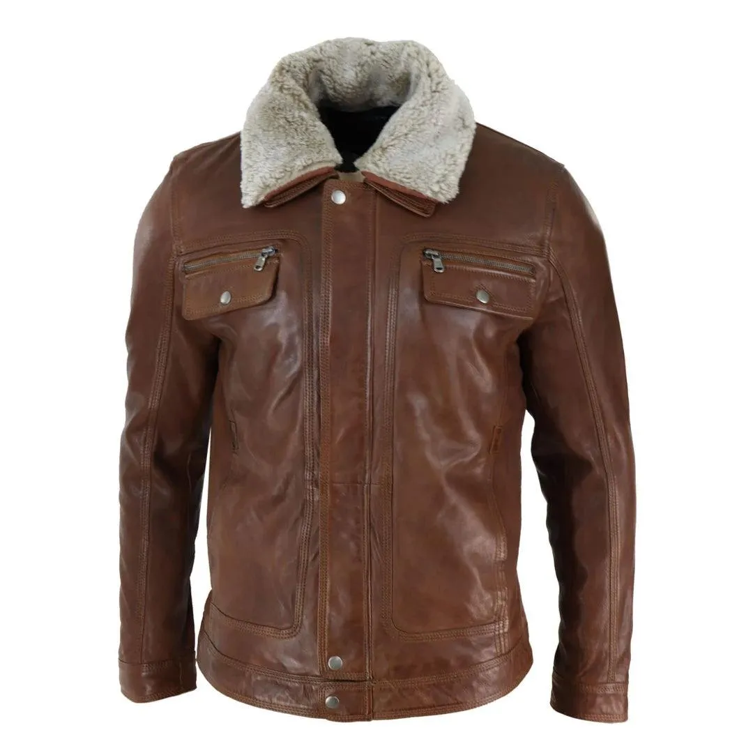 Mens Black brown Real Leather Jacket Sheepskin Collar Short Zip Button